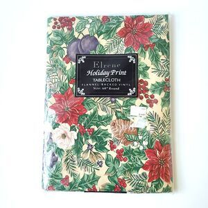 Vintage Elrene Christmas Tablecloth Holiday Print Vinyl Flannel Back 60" Round